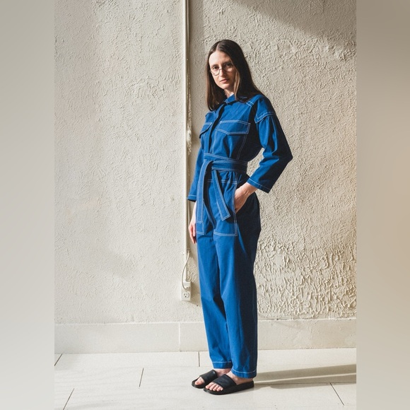 Caron Callahan "Farrah" blue jumpsuit size L - Picture 2 of 9